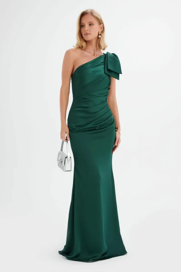 Lavish Alice Bow Dresses EMELIA One Shoulder Bow Pleated Maxi Dress In Emerald Green Emerald Green 8211 Women