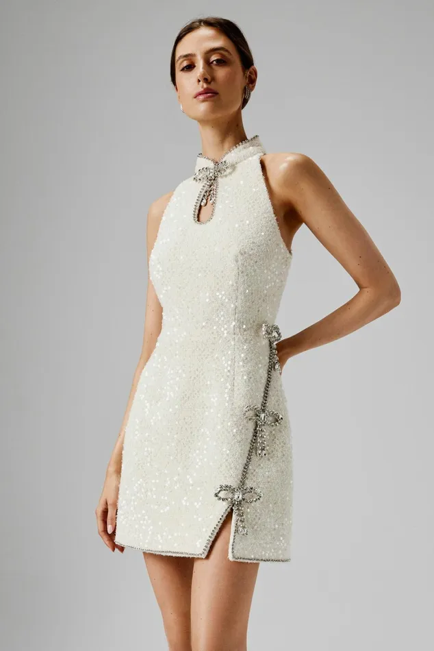 Lavish Alice Bow Dresses SOLENE Sequin Boucle High Collar Mini Dress With Bow Embellishment In Beige I Dress With Bow Embellishment In 8211 Women Lavish Alice Bow Dresses SOLENE Sequin Boucle High Collar Mini Dress With Bow Embellishment In Beige I Dress With Bow Embellishment In 8211 Women