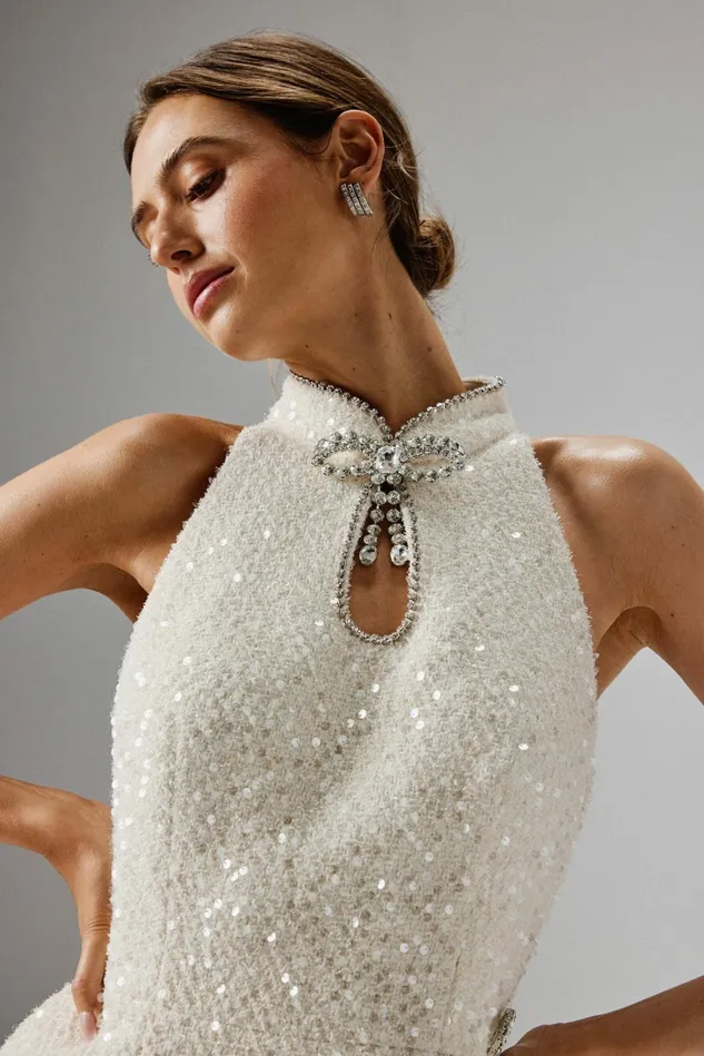 Lavish Alice Bow Dresses SOLENE Sequin Boucle High Collar Mini Dress With Bow Embellishment In Beige I Dress With Bow Embellishment In 8211 Women