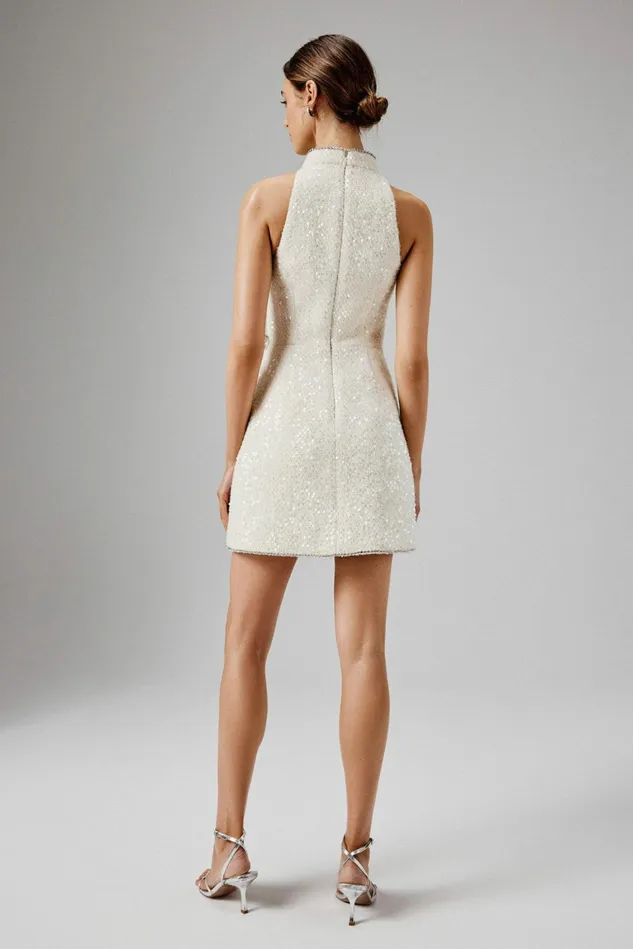 Lavish Alice Bow Dresses SOLENE Sequin Boucle High Collar Mini Dress With Bow Embellishment In Beige I Dress With Bow Embellishment In 8211 Women