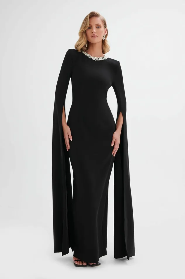 Lavish Alice Cape Dresses KELLY Cape Sleeve Maxi Dress In Black Black 8211 Women