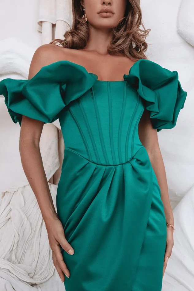 Lavish Alice Corset Dresses SIMONE Puff Sleeve Bardot Satin Midi Dress In Emerald Green Emerald Green 8211 Women