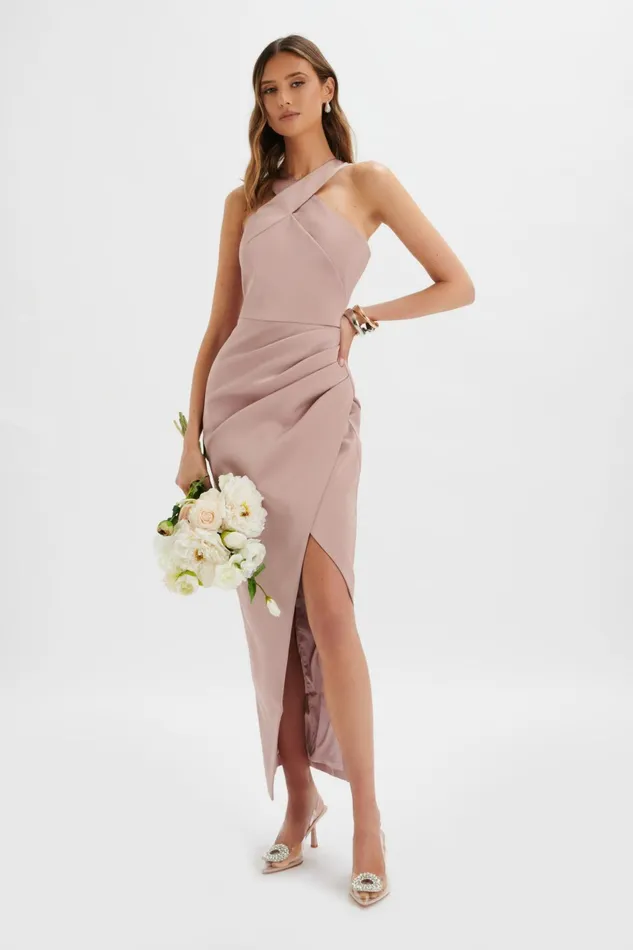 Lavish Alice HalterNeck Dresses MADELINE Satin Cross Front Wrap Maxi Dress In Dusty Purple Dusty Purple 8211 Women