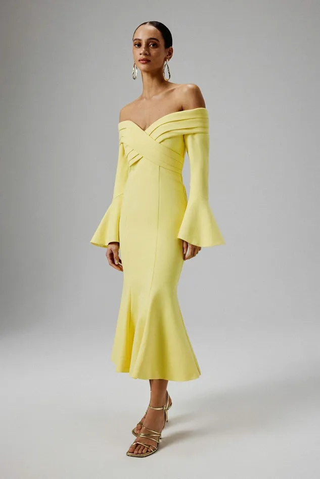 Lavish Alice Off The Shoulder and Bardot AMELIA Ponte Off Shoulder Fluted Sleeve Midi Dress In Yellow Yellow 8211 Women