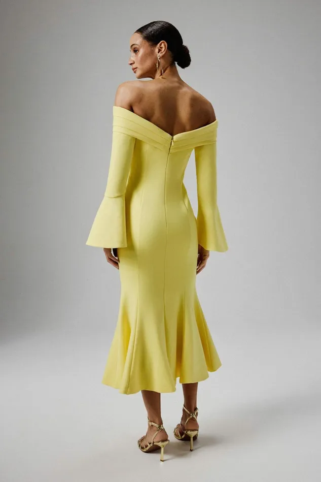 Lavish Alice Off The Shoulder and Bardot AMELIA Ponte Off Shoulder Fluted Sleeve Midi Dress In Yellow Yellow 8211 Women