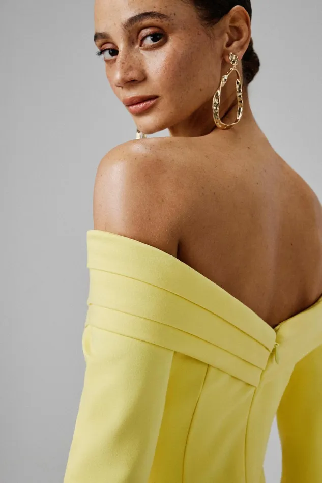 Lavish Alice Off The Shoulder and Bardot AMELIA Ponte Off Shoulder Fluted Sleeve Midi Dress In Yellow Yellow 8211 Women