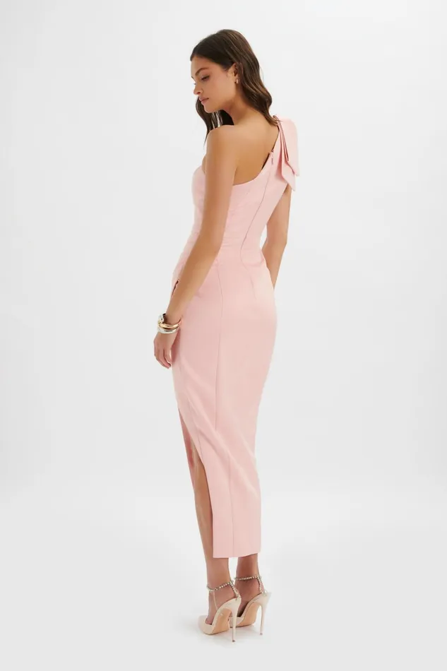 Lavish Alice Off The Shoulder and Bardot CECELIA Satin Bow Shoulder Wrap Dress In Dusty Pink Light Pink 8211 Women