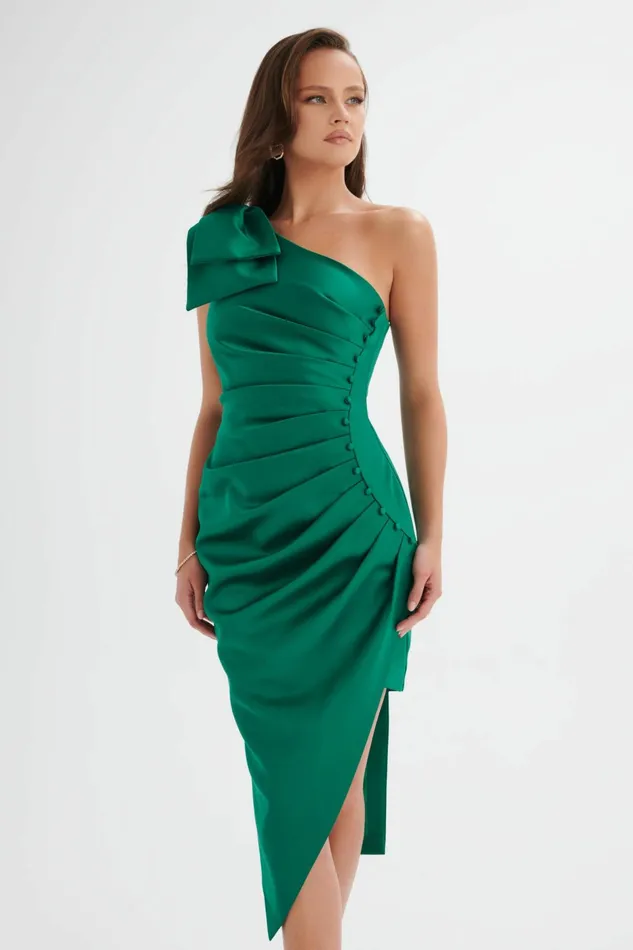 Lavish Alice Off The Shoulder and Bardot HOLLY Bonded Satin Bow Shoulder Wrap Midi Dress In Emerald Green Emerald Green 8211 Women