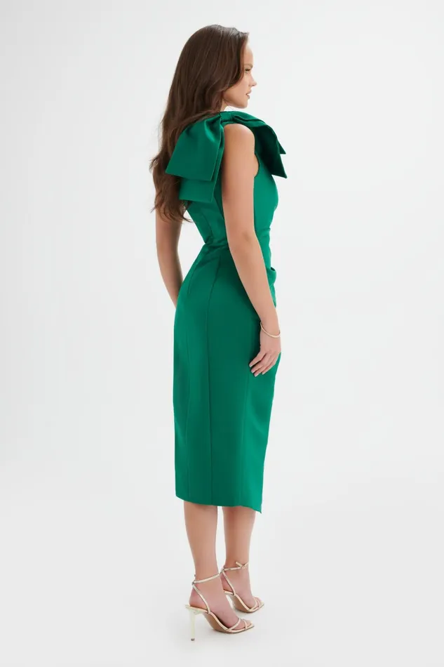 Lavish Alice Off The Shoulder and Bardot HOLLY Bonded Satin Bow Shoulder Wrap Midi Dress In Emerald Green Emerald Green 8211 Women