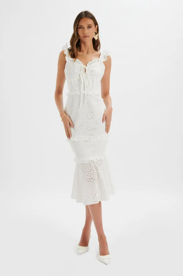 Lavish Alice Ruffle Dresses SOFI Broderie Anglais Ruffle Fishtail Midaxi In White White 8211 Women Lavish Alice Ruffle Dresses SOFI Broderie Anglais Ruffle Fishtail Midaxi In White White 8211 Women