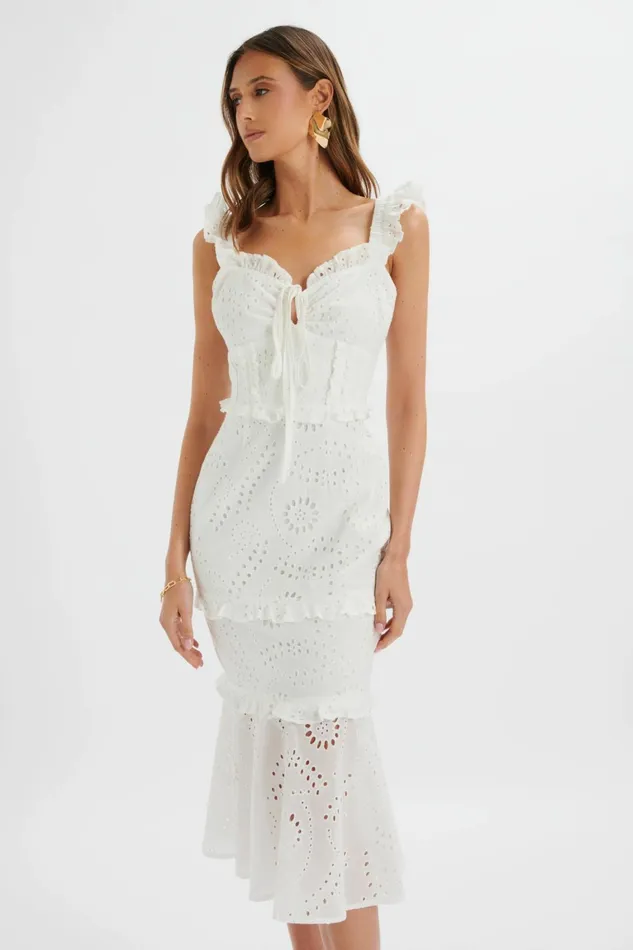 Lavish Alice Ruffle Dresses SOFI Broderie Anglais Ruffle Fishtail Midaxi In White White 8211 Women