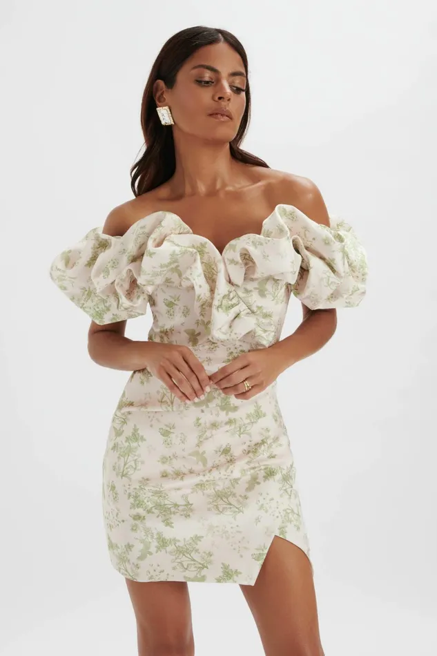 Lavish Alice Strapless and Bandeau Dresses CARRIE Bonded Satin Bardot Mini Dress In Green Porcelain Print Green Porcelain Print 8211 Women Lavish Alice Strapless and Bandeau Dresses CARRIE Bonded Satin Bardot Mini Dress In Green Porcelain Print Green Porcelain Print 8211 Women
