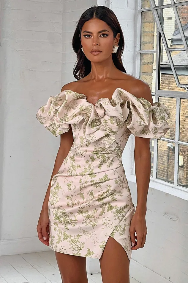 Lavish Alice Strapless and Bandeau Dresses CARRIE Bonded Satin Bardot Mini Dress In Green Porcelain Print Green Porcelain Print 8211 Women