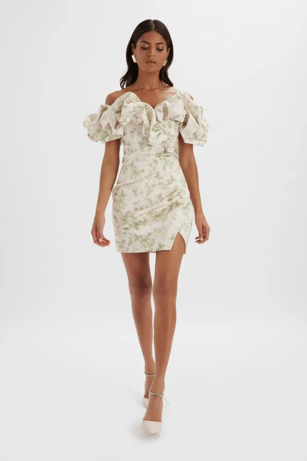 Lavish Alice Strapless and Bandeau Dresses CARRIE Bonded Satin Bardot Mini Dress In Green Porcelain Print Green Porcelain Print 8211 Women