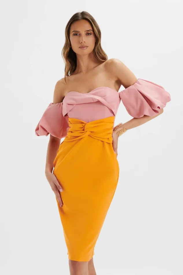 Lavish Alice Wedding Guest ELIZA Colour Block Twisted Midi Dress In Pink and Papaya K and Papaya 8211 Women