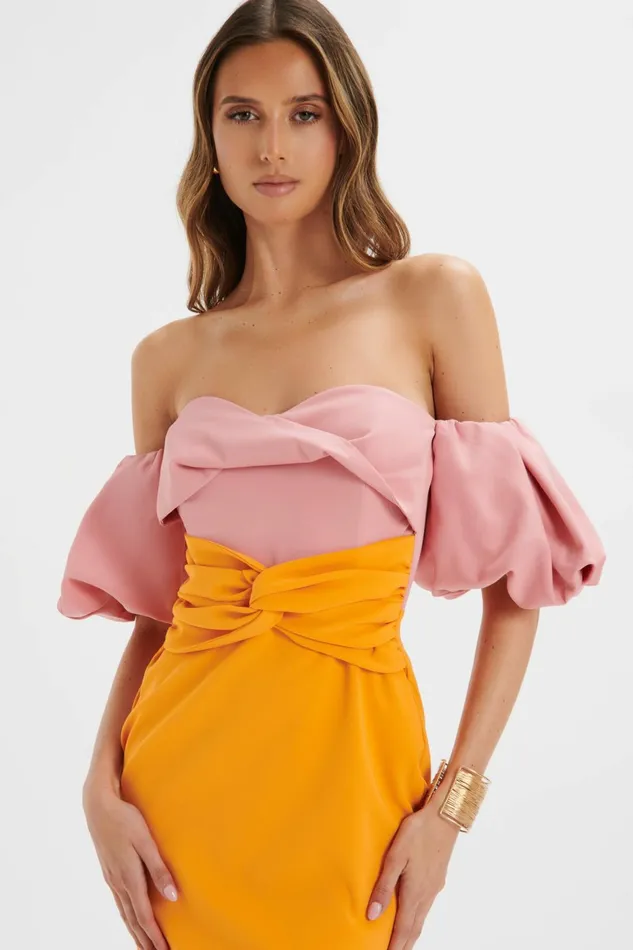 Lavish Alice Wedding Guest ELIZA Colour Block Twisted Midi Dress In Pink and Papaya K and Papaya 8211 Women