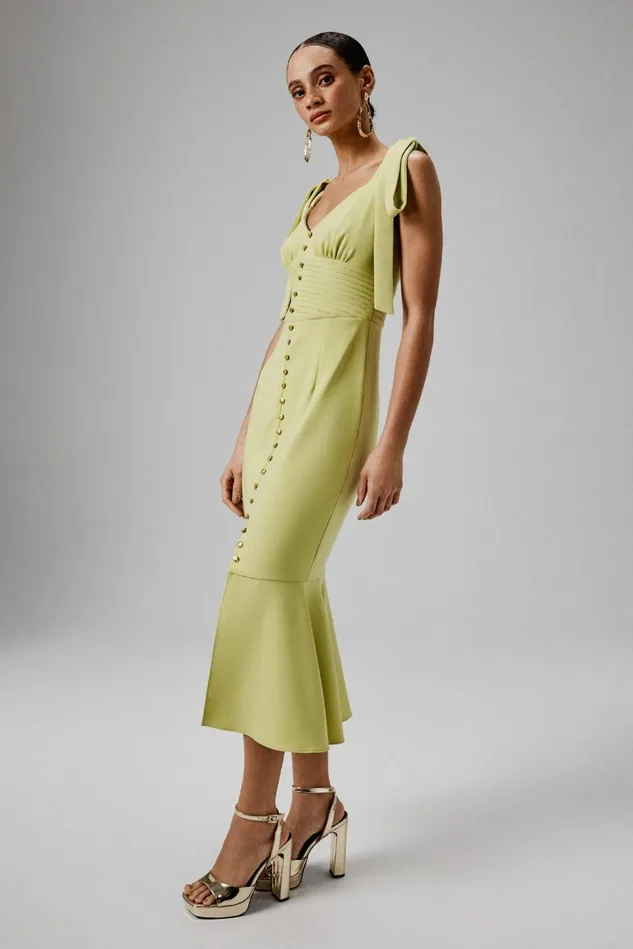 Lavish Alice Wedding Guest KAMILA Tie Strap Micro Shell Button Midi Dress In Lime Green Lime Green 8211 Women