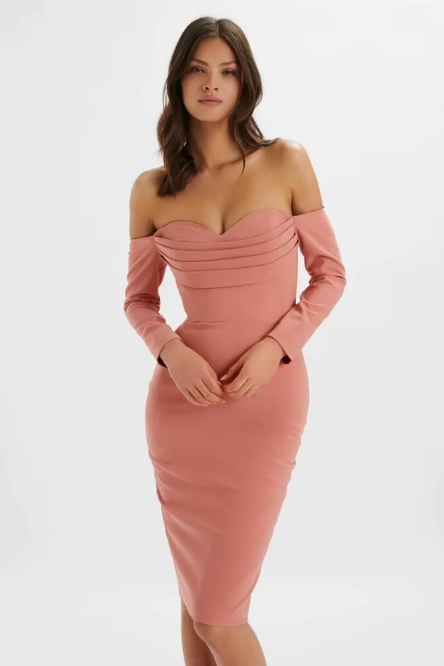 Lavish Alice Wedding Guest LILA Bardot Draped Bust Bodycon Midi Dress In Rose Pink Light Pink 8211 Women Lavish Alice Wedding Guest LILA Bardot Draped Bust Bodycon Midi Dress In Rose Pink Light Pink 8211 Women