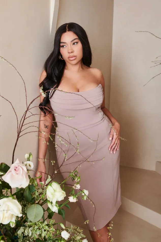 Lavish Alice Wedding Guest MARIA Curve Cowl Front Bandeau Midi Pencil Dress In Stone Stone 8211 Women Lavish Alice Wedding Guest MARIA Curve Cowl Front Bandeau Midi Pencil Dress In Stone Stone 8211 Women