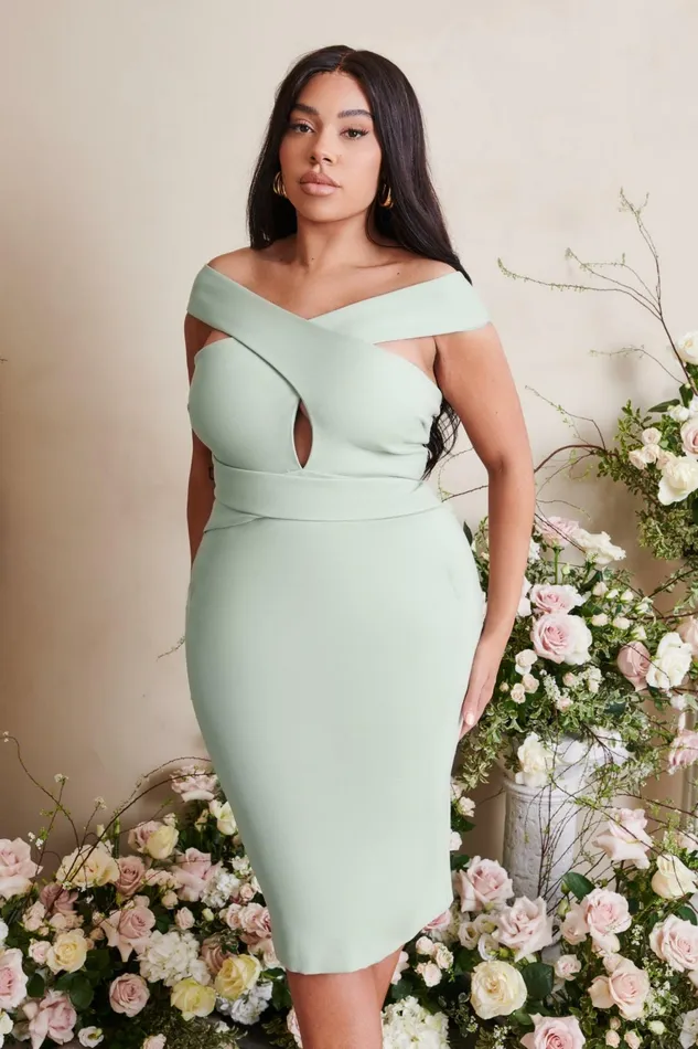 Lavish Alice Wedding Guest RAELYNN Curve Off Shoulder Wrap Ponte Dress In Sage Sage 8211 Women