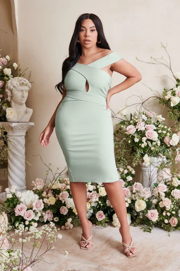 Lavish Alice Wedding Guest RAELYNN Curve Off Shoulder Wrap Ponte Dress In Sage Sage 8211 Women