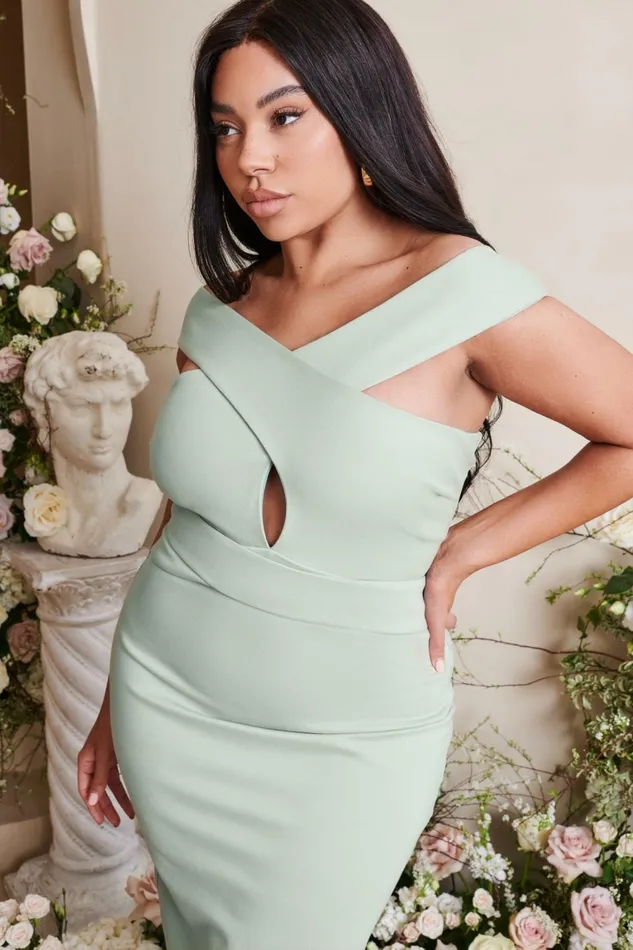 Lavish Alice Wedding Guest RAELYNN Curve Off Shoulder Wrap Ponte Dress In Sage Sage 8211 Women