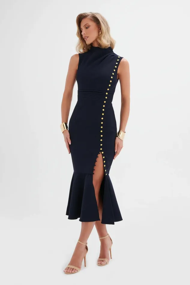 Lavish Alice Wedding Guest SAFFRON High Neck Rose Button Midi Dress In Navy Navy 8211 Women