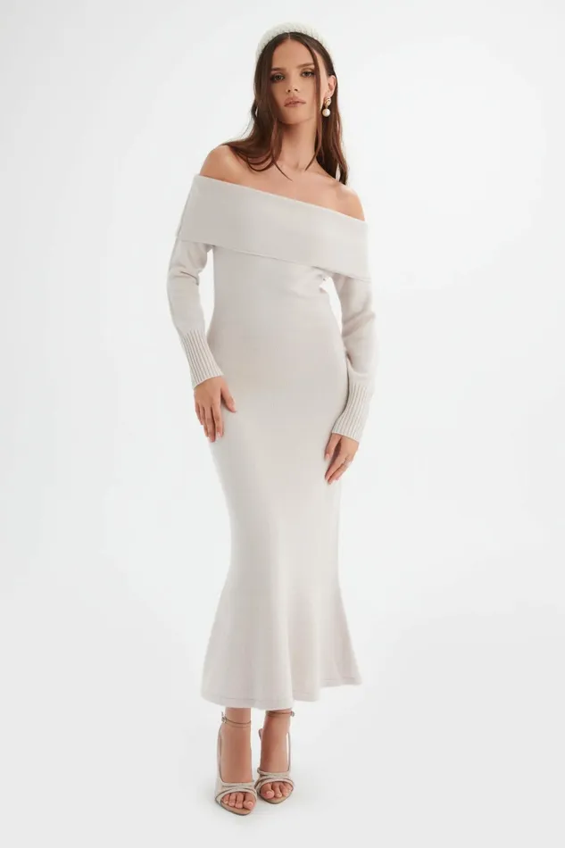 Lavish Alice Winter Knitwear CLOVER Knitted Wool Bardot Midi Dress In Stone Stone 8211 Women Lavish Alice Winter Knitwear CLOVER Knitted Wool Bardot Midi Dress In Stone Stone 8211 Women