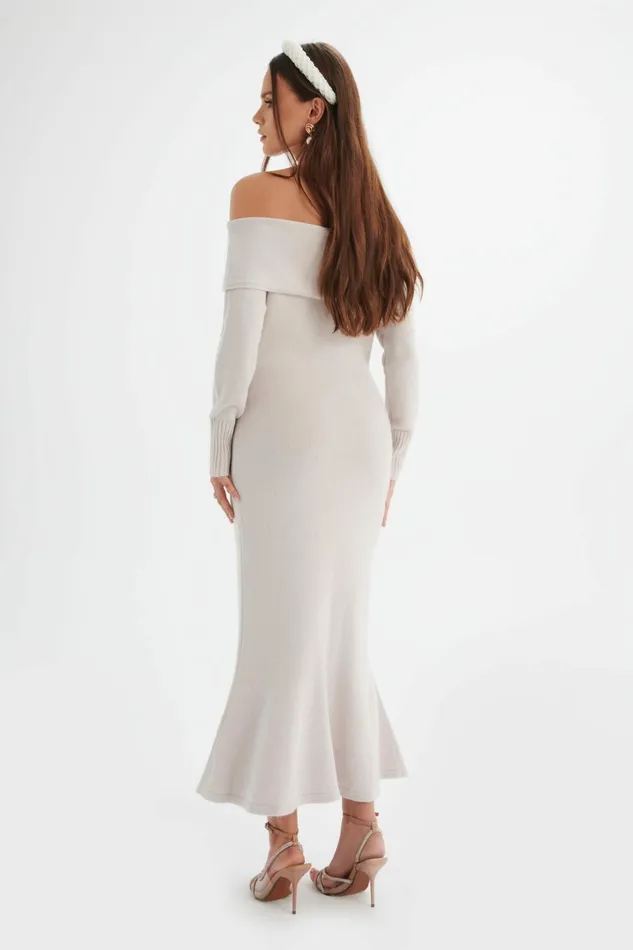 Lavish Alice Winter Knitwear CLOVER Knitted Wool Bardot Midi Dress In Stone Stone 8211 Women