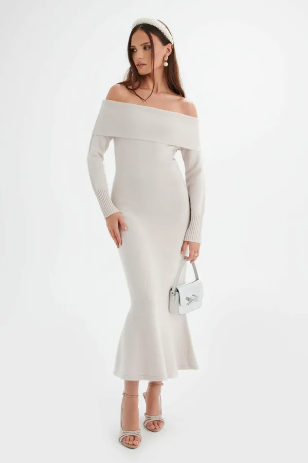 Lavish Alice Winter Knitwear CLOVER Knitted Wool Bardot Midi Dress In Stone Stone 8211 Women