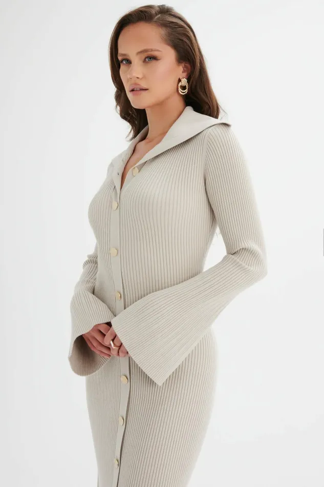 Lavish Alice Winter Knitwear PARKER Knitted Ribbed Fit and Flare Collared Dress In Stone Stone 8211 Women