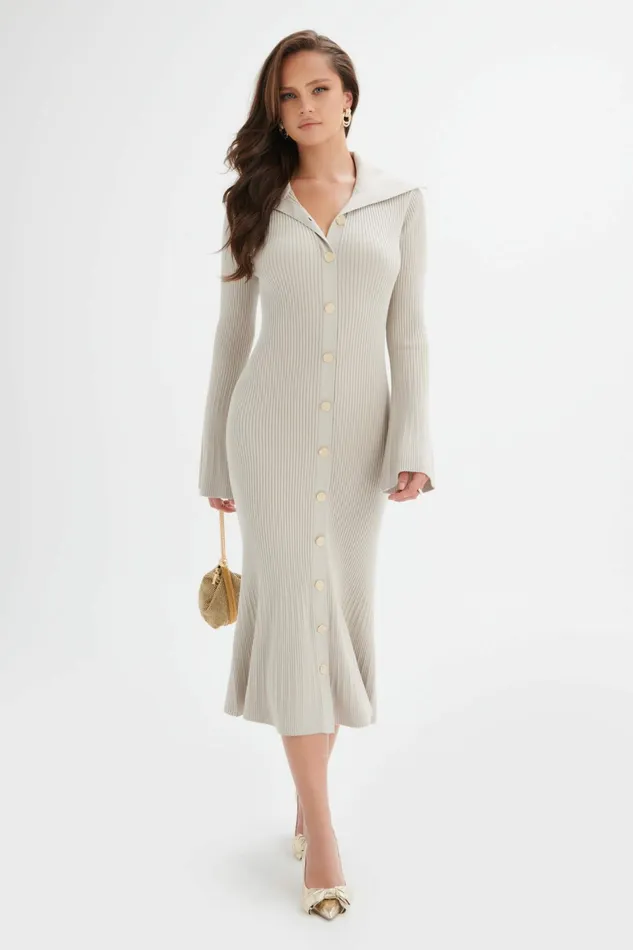 Lavish Alice Winter Knitwear PARKER Knitted Ribbed Fit and Flare Collared Dress In Stone Stone 8211 Women