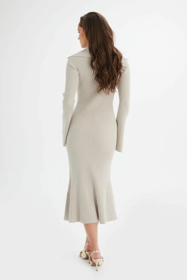 Lavish Alice Winter Knitwear PARKER Knitted Ribbed Fit and Flare Collared Dress In Stone Stone 8211 Women