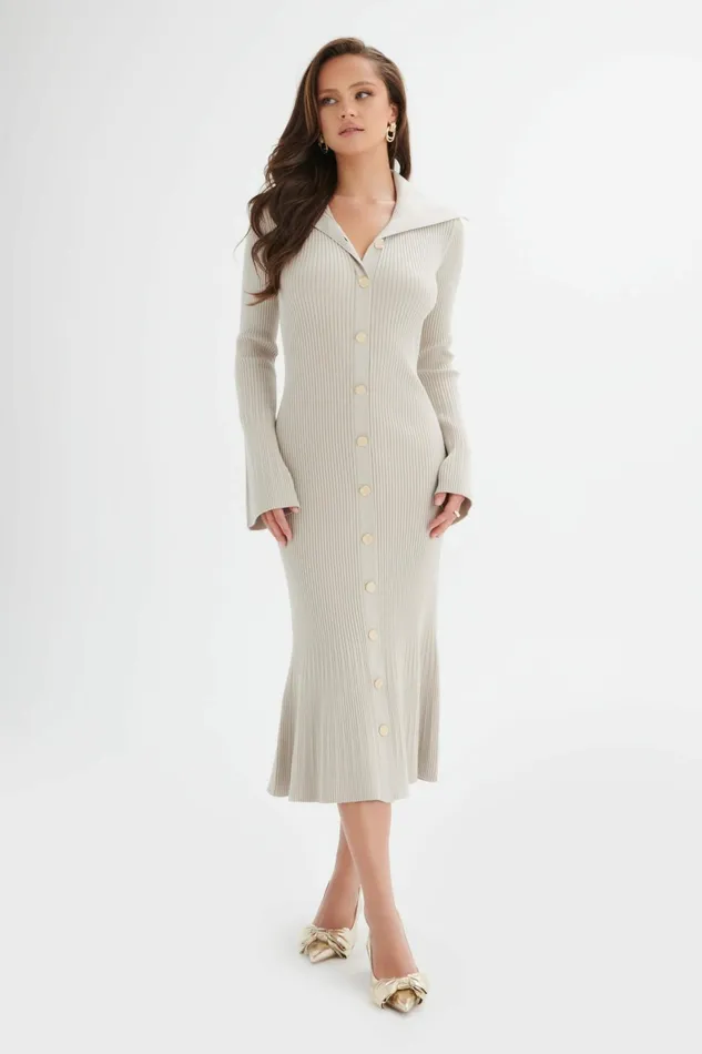Lavish Alice Winter Knitwear PARKER Knitted Ribbed Fit and Flare Collared Dress In Stone Stone 8211 Women