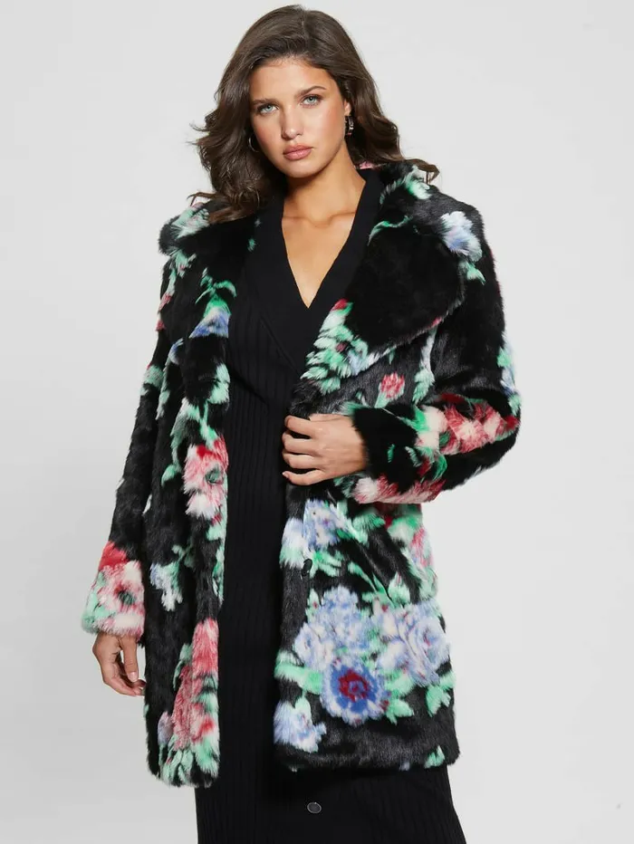 Magda FauxFur Coat Blossom Flower Black Jackets and Coats GUESS Women