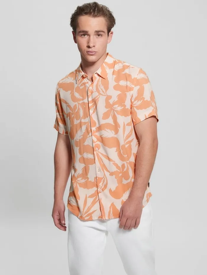 Men Eco Rayon Retro Palm Shirt Retro Palm Peach Shirts GUESS Men Eco Rayon Retro Palm Shirt Retro Palm Peach Shirts GUESS
