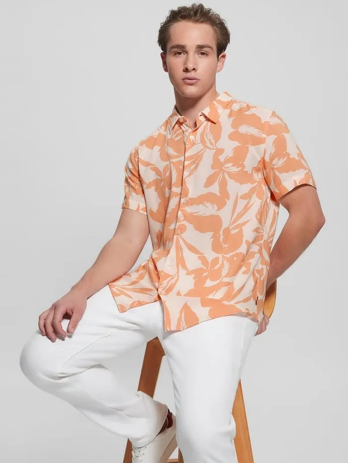 Men Eco Rayon Retro Palm Shirt Retro Palm Peach Shirts GUESS Men Eco Rayon Retro Palm Shirt Retro Palm Peach Shirts GUESS