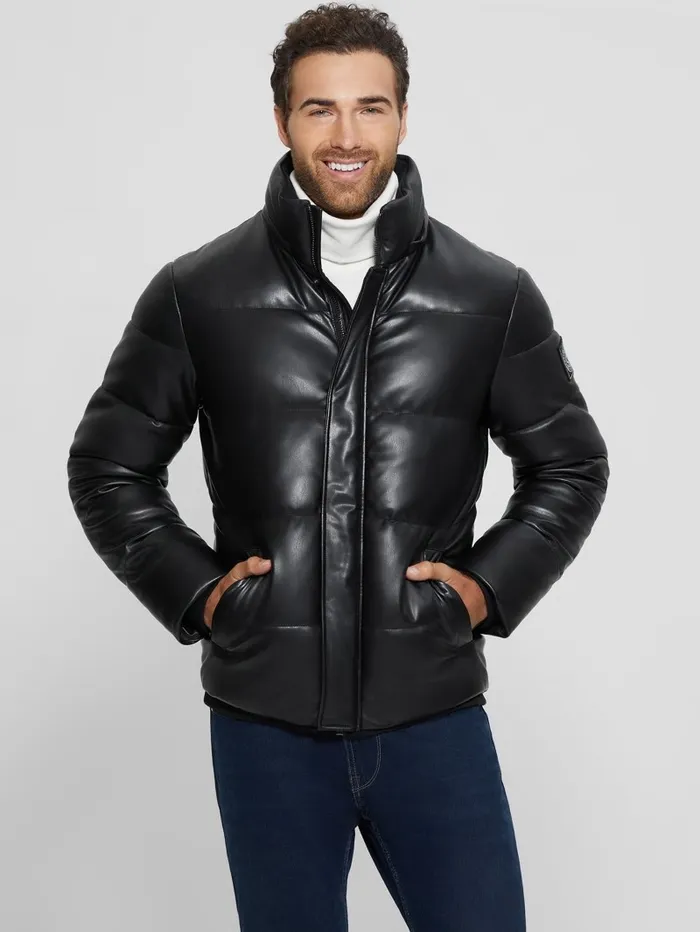 Men FauxLeather Hooded Puffer Jacket Black Jackets and Coats GUESS Men FauxLeather Hooded Puffer Jacket Black Jackets and Coats GUESS