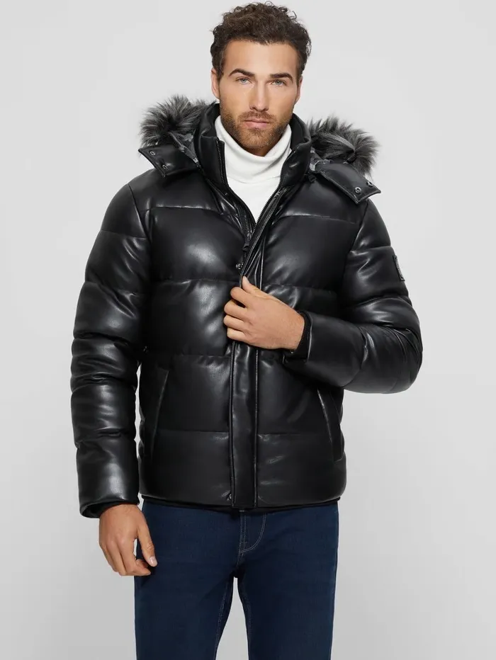 Men FauxLeather Hooded Puffer Jacket Black Jackets and Coats GUESS Men FauxLeather Hooded Puffer Jacket Black Jackets and Coats GUESS