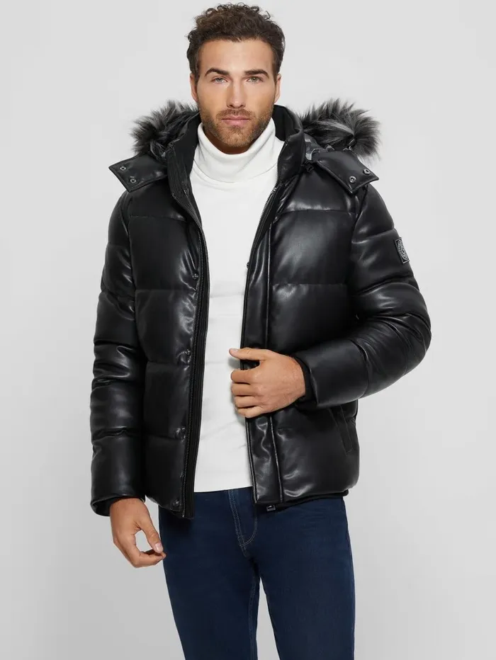 Men FauxLeather Hooded Puffer Jacket Black Jackets and Coats GUESS Men FauxLeather Hooded Puffer Jacket Black Jackets and Coats GUESS