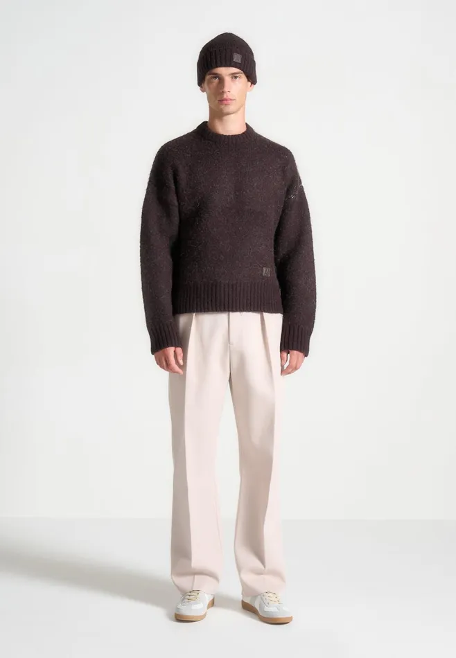 Men Manire De Voir Art Slogan Brushed Wool Knit Jumper Brown