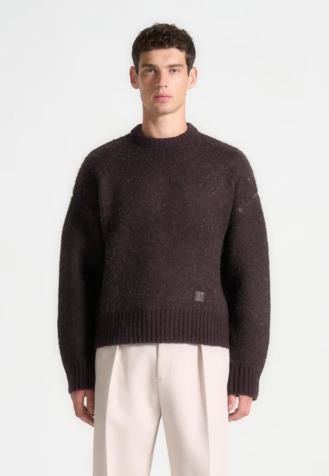 Men Manire De Voir Art Slogan Brushed Wool Knit Jumper Brown