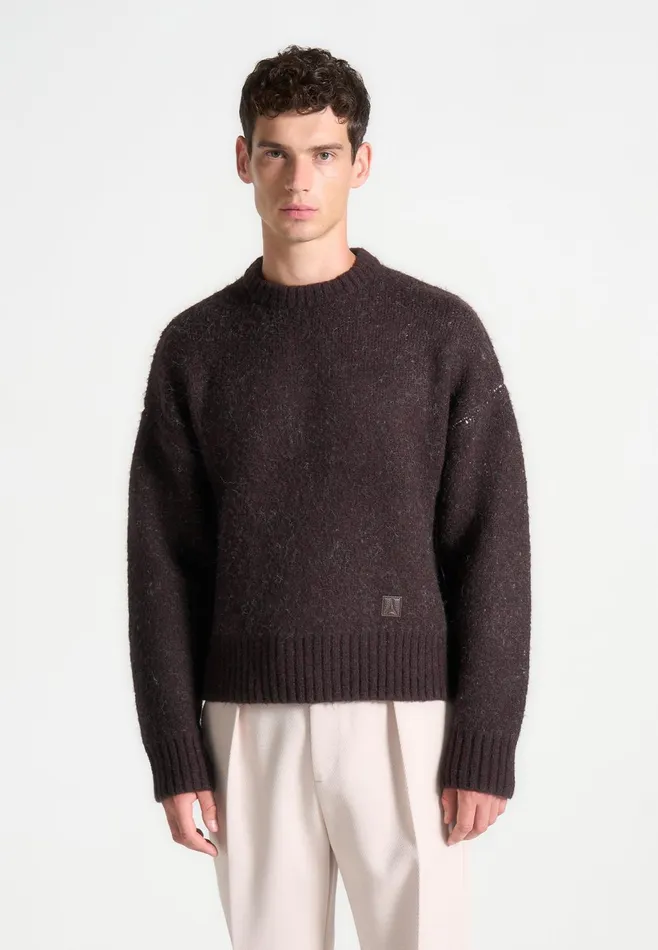 Men Manire De Voir Art Slogan Brushed Wool Knit Jumper Brown