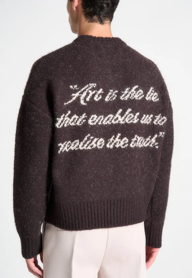 Men Manire De Voir Art Slogan Brushed Wool Knit Jumper Brown