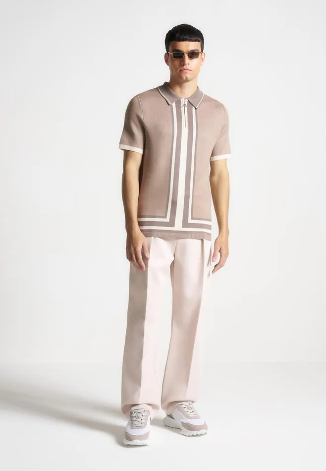 Men Manire De Voir Contrast Border Knit Zip Polo Shirt Taupe