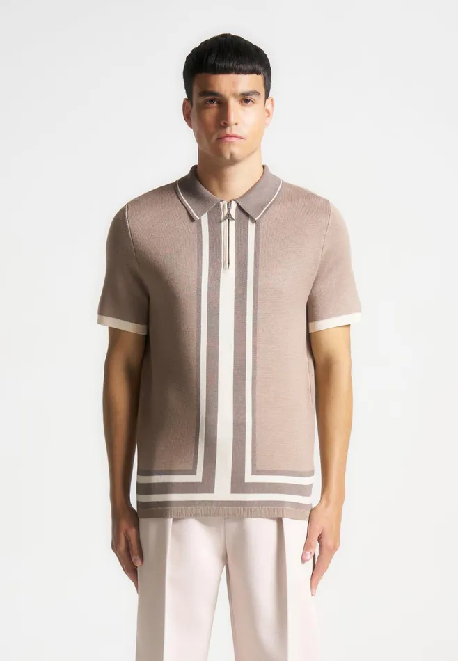 Men Manire De Voir Contrast Border Knit Zip Polo Shirt Taupe