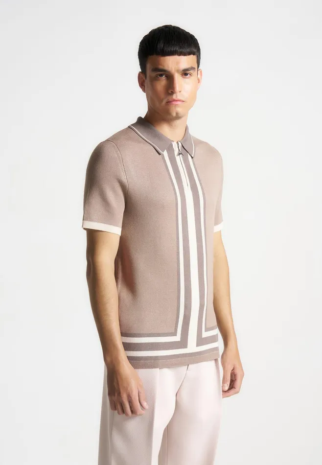 Men Manire De Voir Contrast Border Knit Zip Polo Shirt Taupe