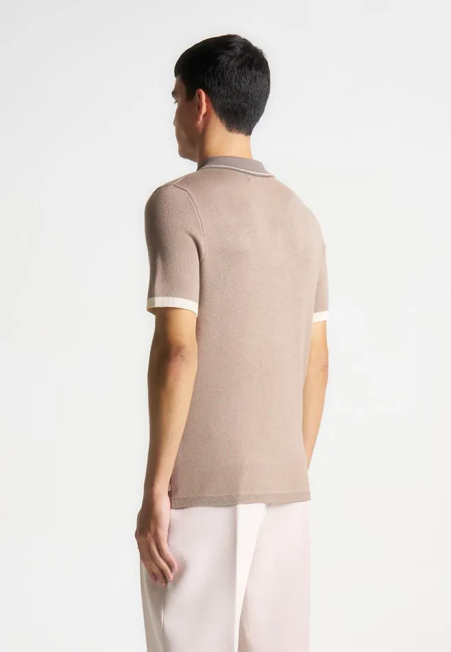 Men Manire De Voir Contrast Border Knit Zip Polo Shirt Taupe