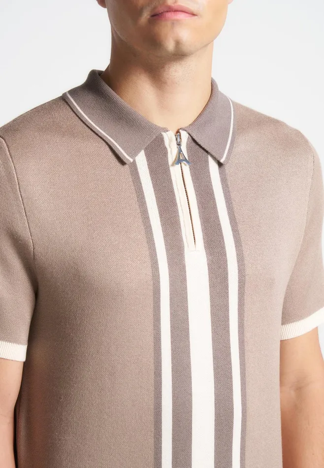Men Manire De Voir Contrast Border Knit Zip Polo Shirt Taupe