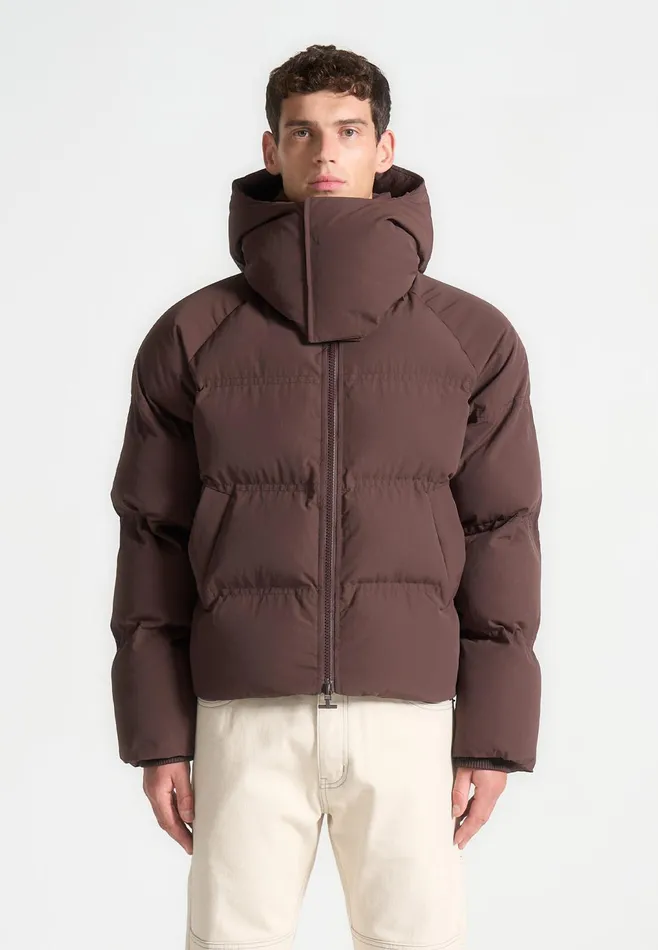 Men Manire De Voir Cropped Raglan Wrap Neck Puffer Jacket Brown